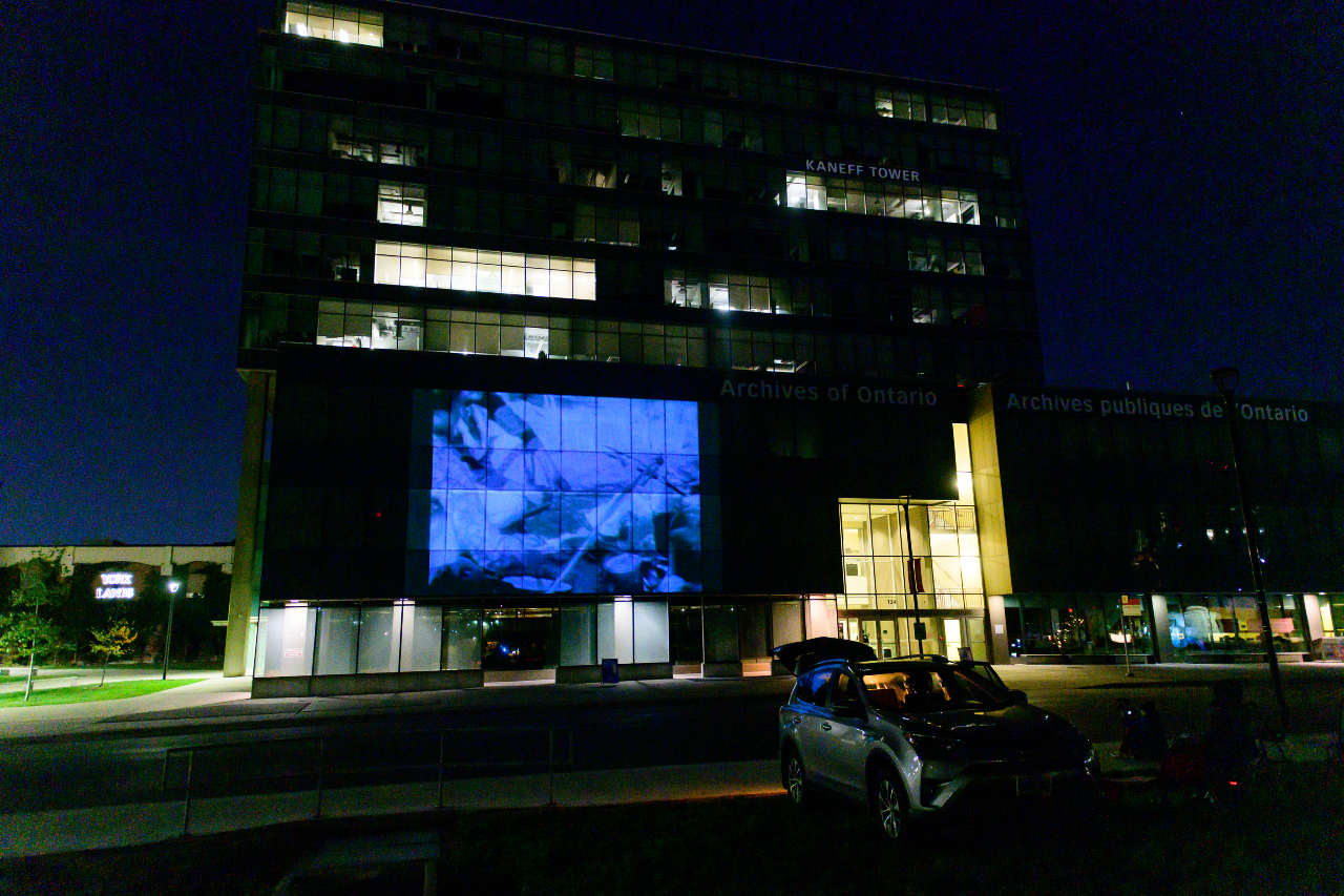 A colour photograph taken at night of a largescale video being projected onto the side of the Archives of Ontario building.