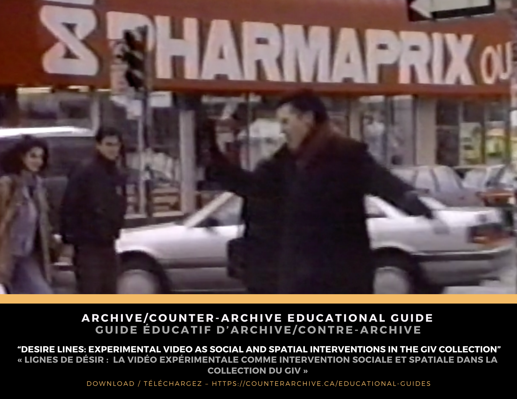A rectangular promotion image featuring a still of a person in a long black coat walking on the street, directly in front of a large red Pharmaprix sign.
