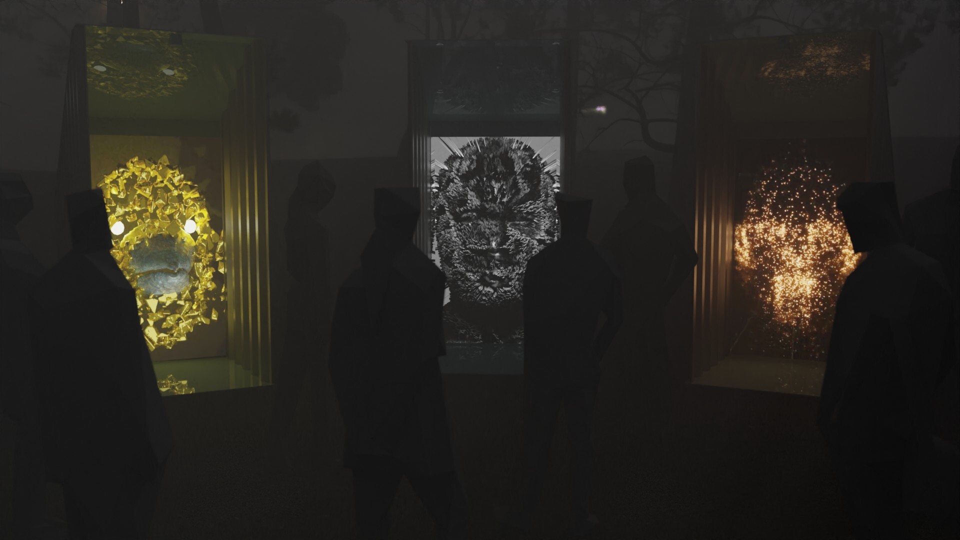 A 3D-rendered scene of three frames featuring abstracted faces arranged in a dark forest with geometric figures wandering around.