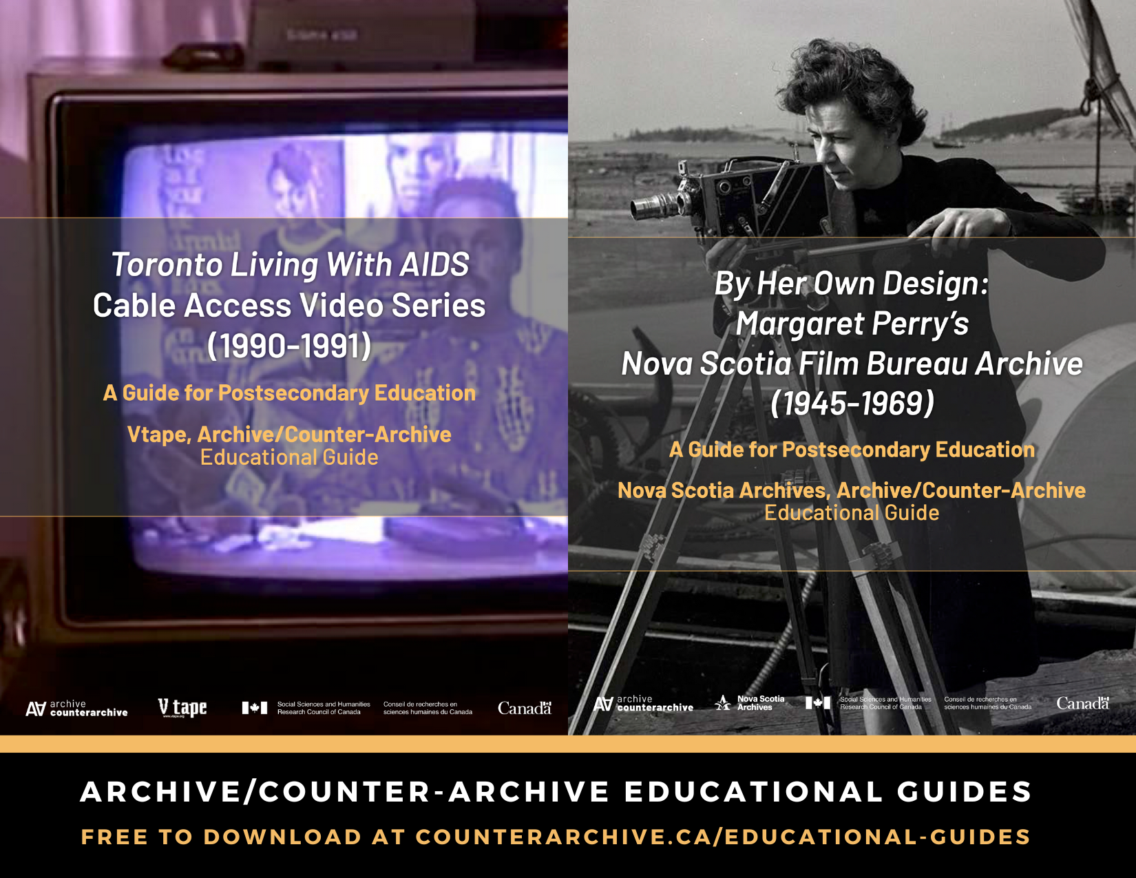A rectangular promotional image with two book covers placed side by side. The first features a old black and white photograph of a woman operating an old film camera. The second cover features a film still from the 80s of an old CRT television set that has a purple glow to it.