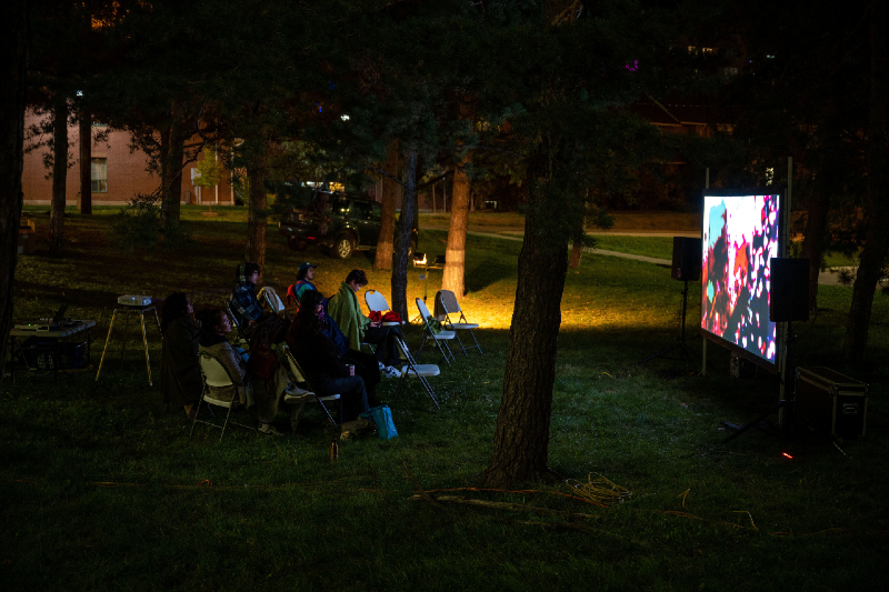 A colour photograph taken at night of a group of people sitting in foldable chairs underneath some trees while watching a projected video on a large screen.