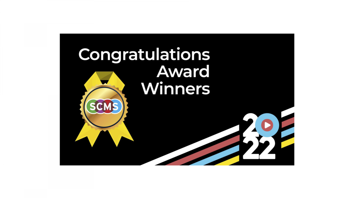 Yellow ribbon with SCMS. In the middle text reads "Congratulations Award Winners." Stripes of colours are in the bottom right corner with "2022" over top.