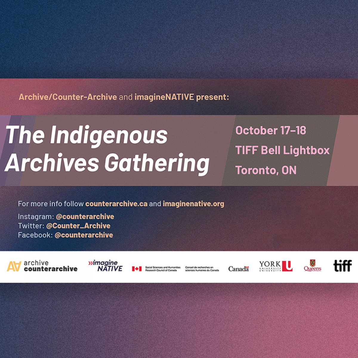 A promotional image with the text "The Indigenous Archives Gathering" placed over a purple gradient background. There are also many small logos and social media account handles scattered around the image as well.