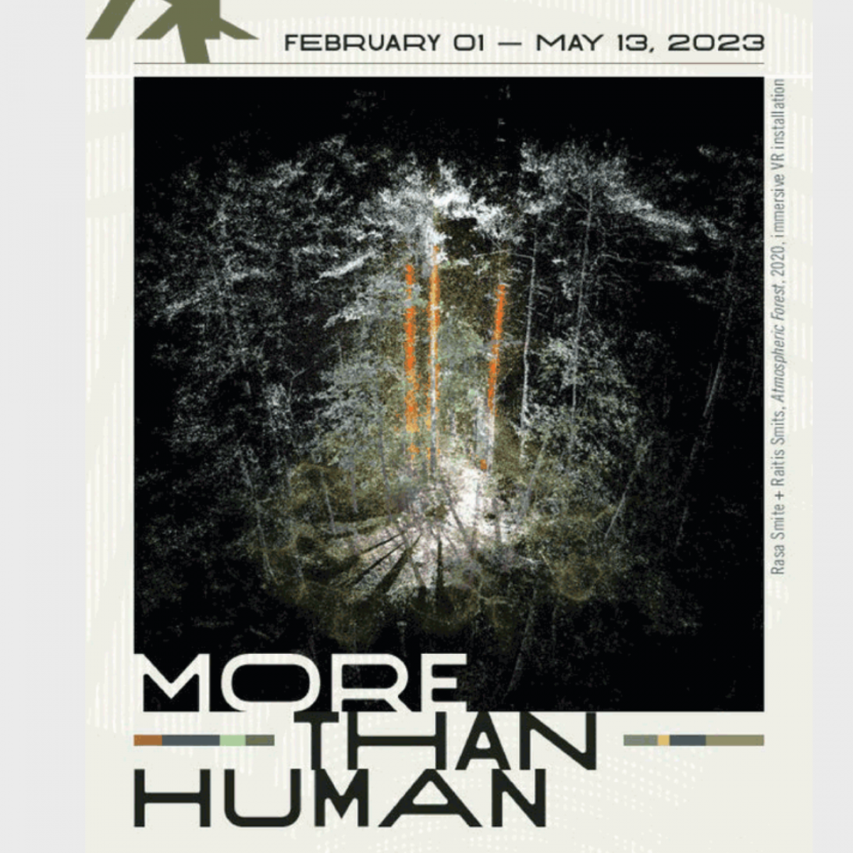 A promotional poster image depicting a digital image of a 3D forest at night with a bright light in the centre of a group of trees. Around the image is text communicating that the name of the promoted exhibition is "more-than-human" and that it will be running from February 1 to May 13, 2023.