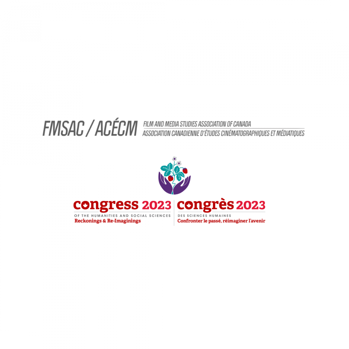 A square white promotional square image of the logos for the FMSAC conference and the 2023 Congress of the Humanities and Social Sciences.