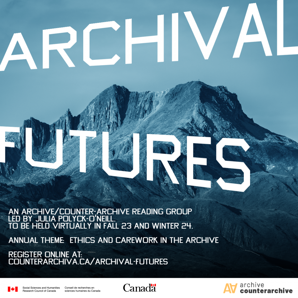 A square promotional image of a blue-tinted photo of a desert mountain range with the words "ARCHIVAL FUTURES" written in large block font over top.