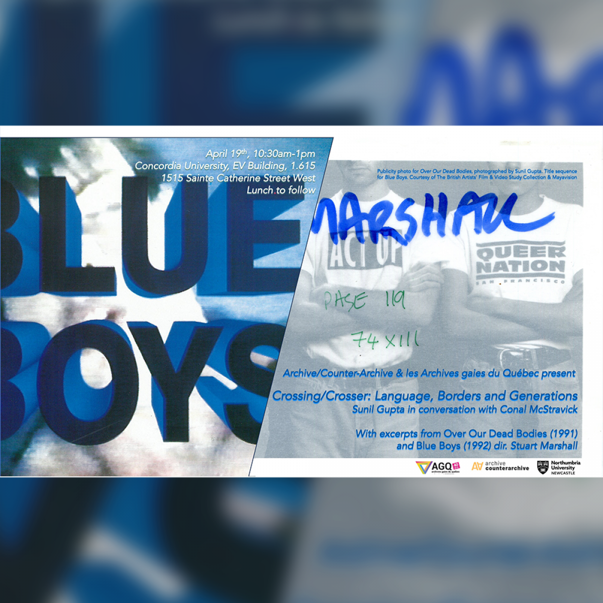 A square promotional image with a film still featuring the text "Blue Boys" on the left in block font and a photo of two men with crossed arms on the right. The word "Marshal" has been written over the photo on the right in blue marker.