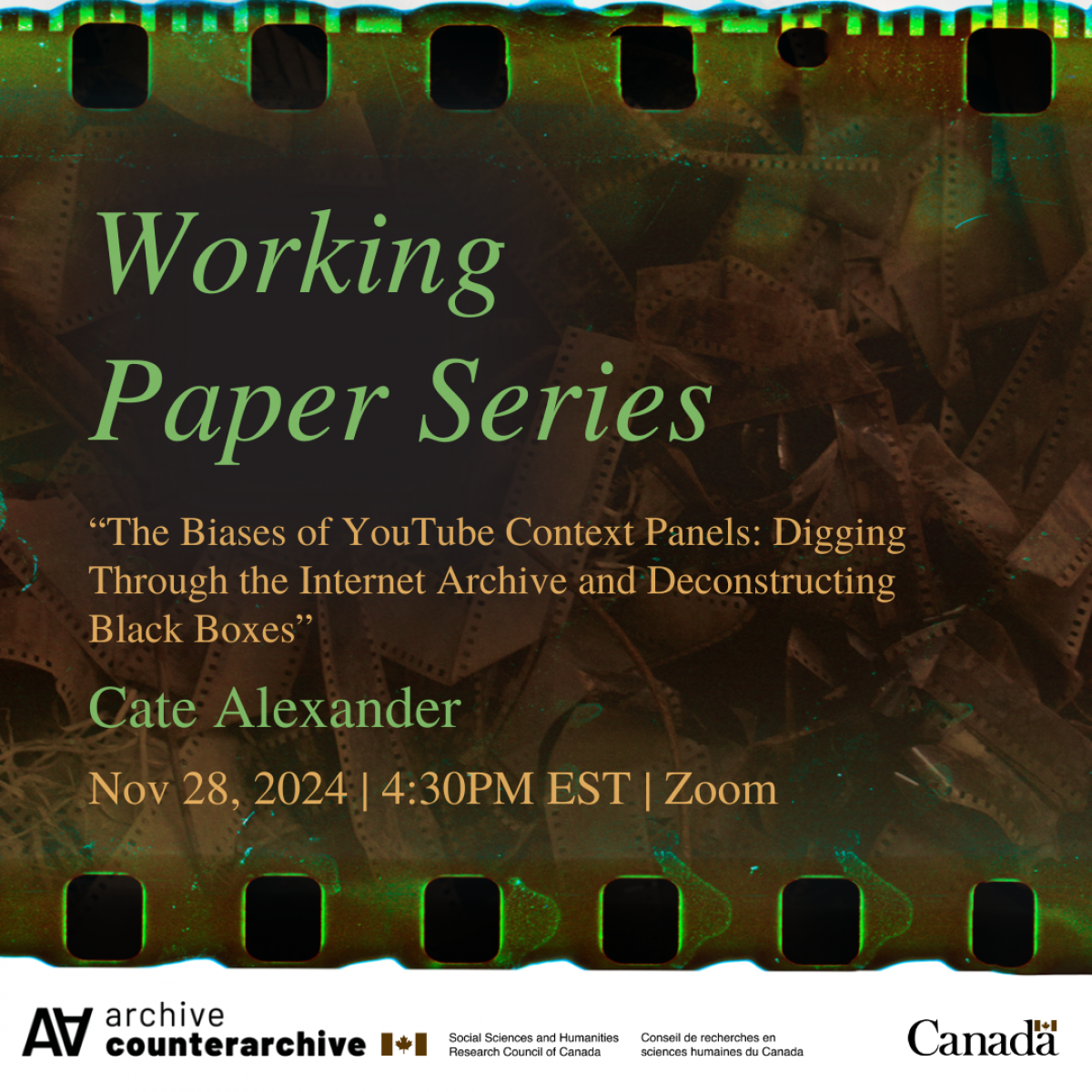 text introducing the WPS event: a presentation by Cate Alexander, "The Biases of YouTube Context Panels: Digging through the Internet Archive and Deconstructing Black Boxes" on Nov 28, 2024 at 4:30 EST on Zoom