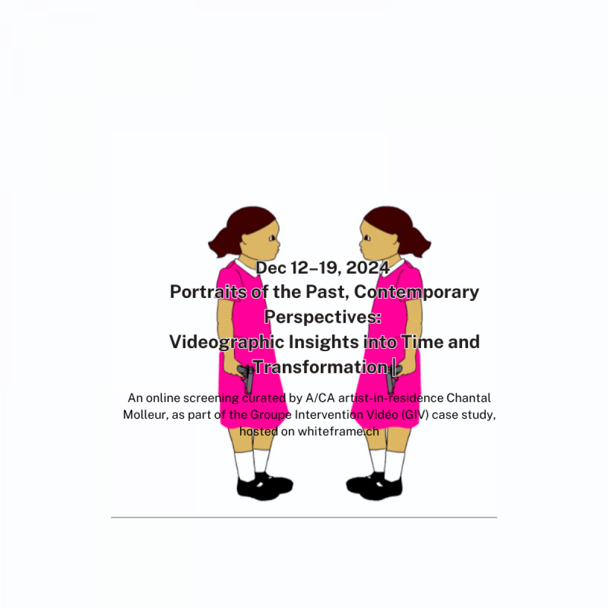 illustration; two girls in pink dresses square off with handguns. Event text superimposed