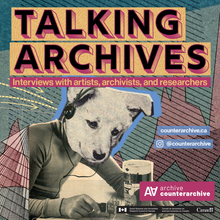 Talking Archives logo. A dog with headphones is listening to the radio. In the background there is information about talking archives.