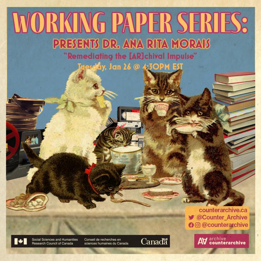 The image depicts five cats drinking tea and playing around. They are surrounded by books, film reels and VHS tapes. The Working Papers Series logo is yellow and red, and introduces Ana Rita Morais's talk.