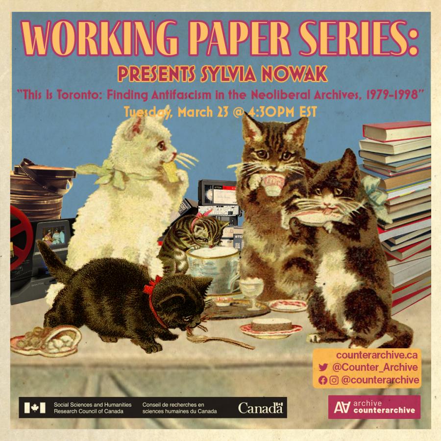 The image depicts five cats drinking tea and playing around. They are surrounded by books, film reels and VHS tapes. The Working Papers Series logo is yellow and red, and introduces Sylvia Nowak's talk.