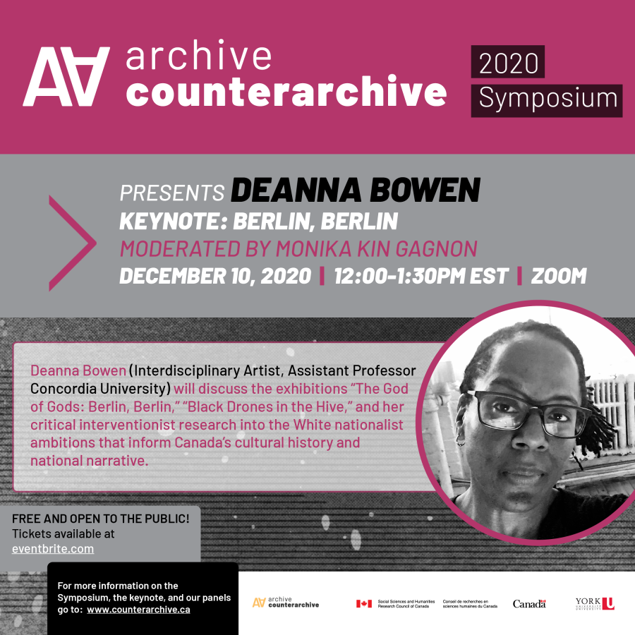 Banner advertising Deanna Bowen's keynote "Berlin, Berlin", held as part of A/CA's 2020 Symposium