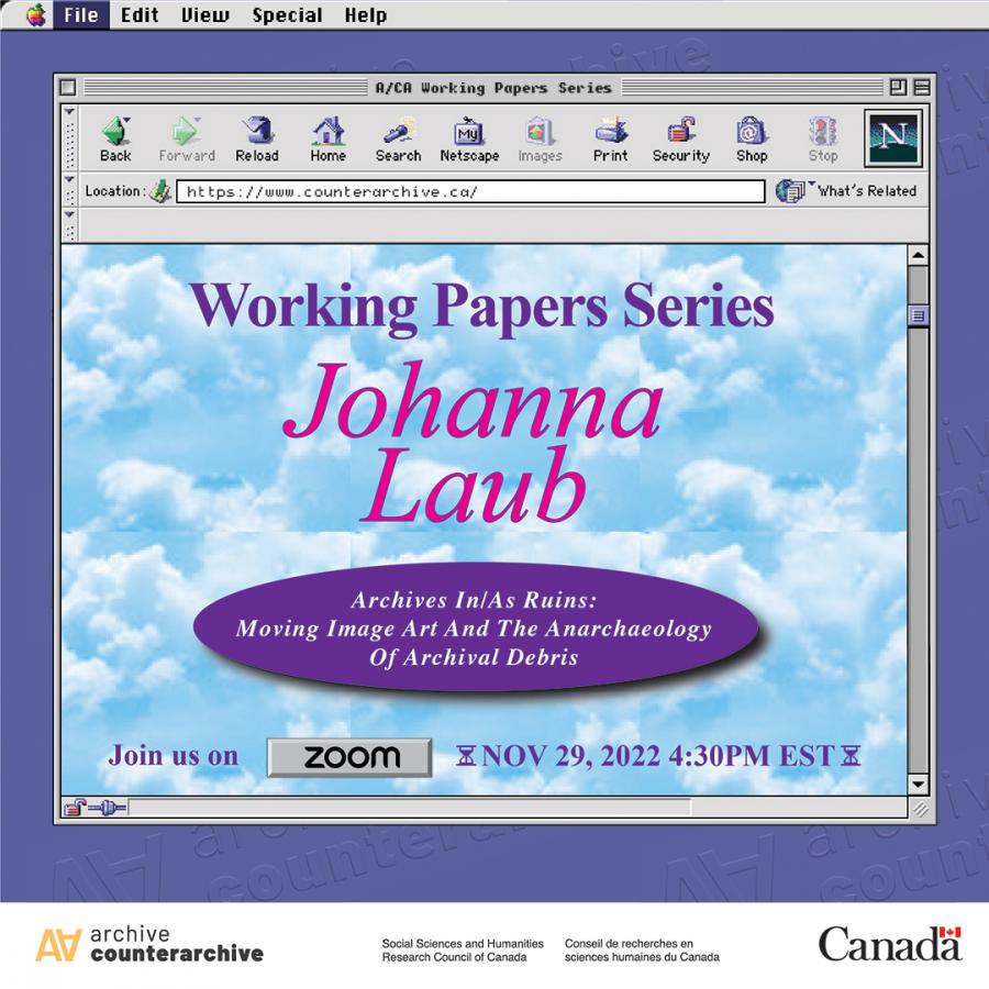 A promotional square image with the text "Working Papers Series: Johanna Laub" in large purple and pink font displayed within a retro Netscape Navigator internet browser interface.