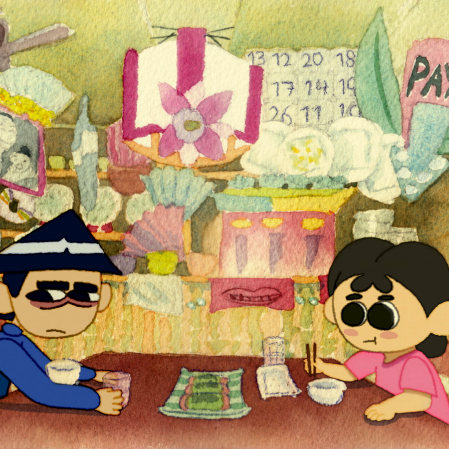 A animated film still of two Asian characters sitting around a table with lots of traditional decorations hung on the wall in the background. The image is mostly various shades of brown and green and has been rendered using watercolours and inks.