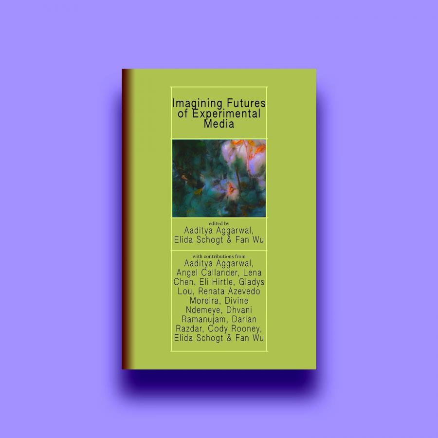 A promotional image showing a digital image of an e-book cover floating over a light purple background. The book's title is "Imagining Futures of Experimental Media" and the cover is lime green with a small screenshot of an abstract film still featured in its centre.