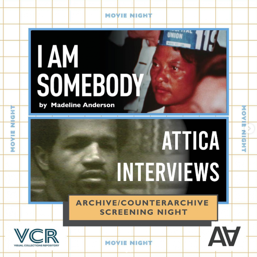 A promotional image featuring two film stills of men's faces with the text "I Am Sombody" written on the top and "Attica Interviews" written on the bottom. These film stills have been placed over top of a white and yellow gridded background and there are various logos related to VCR and Archive/Counter-Archive arranged at the bottom.