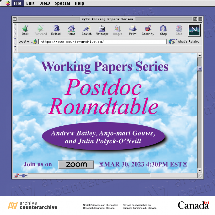 Digital graphic promotional poster in the style of Y2K computer aesthetics. A purple desktop features several open windows with text inside describing details of the event. The main title text reads :Working Papers Series: Postdoc Roundtable."