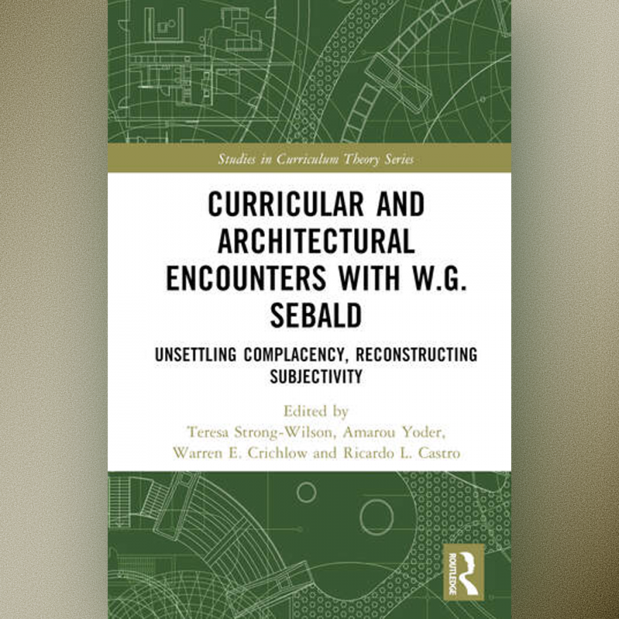 A square image featuring a book cover with the title "Curricular and Architectural Encounters with W.G. Sebald." Around the relatively plain black and white title text at the centre of the cover are a bunch of green and white abstract diagrammatic patterns.
