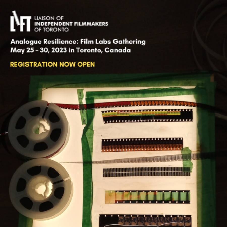 A sqaure promotional graphic featuring a lightbox with film placed on top of it in a dark room. At the top left of the image is a collection of small white and yellow text describing details for the "Analogue Resilience: Film Labs Gathering" event.