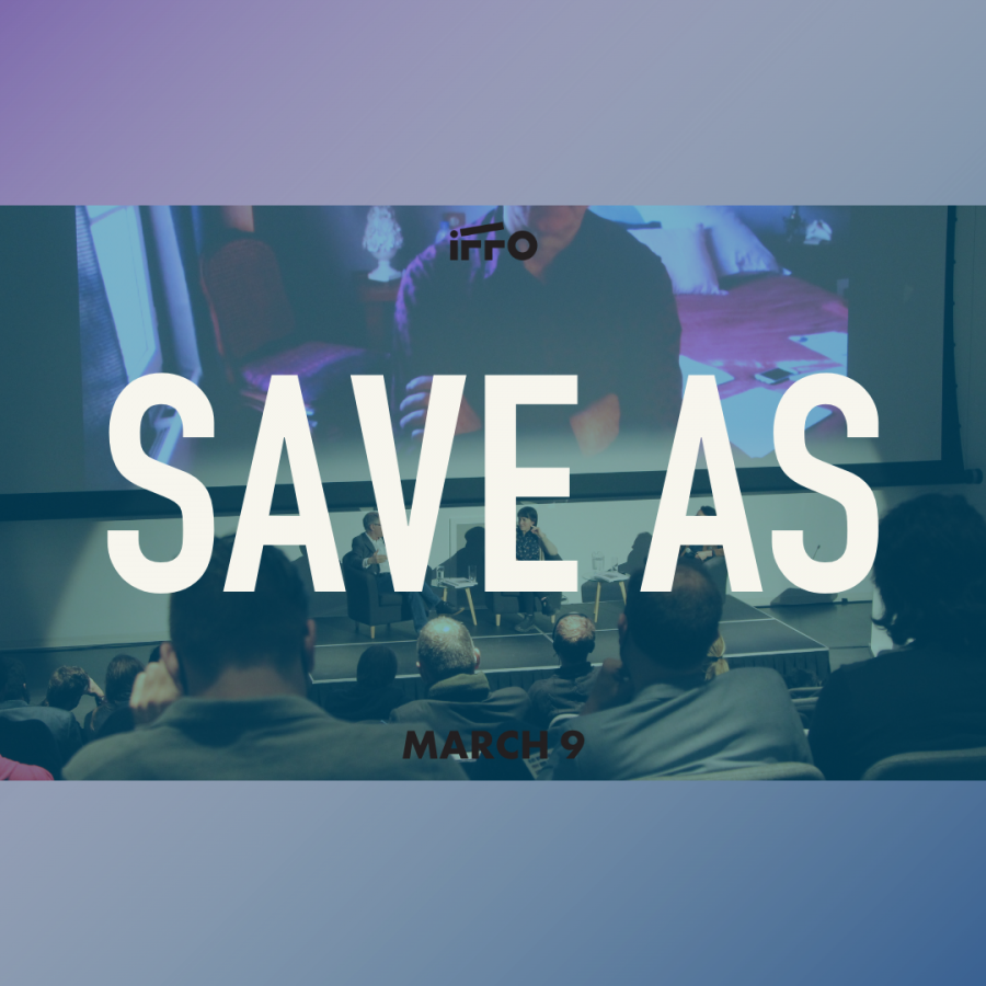 A promotional graphic featuring a photo of a cinema theatre space filled with people and a couple of speakers sitting in seats at the front stage. Placed on top of this image is the text "SAVE AS" in call caps.