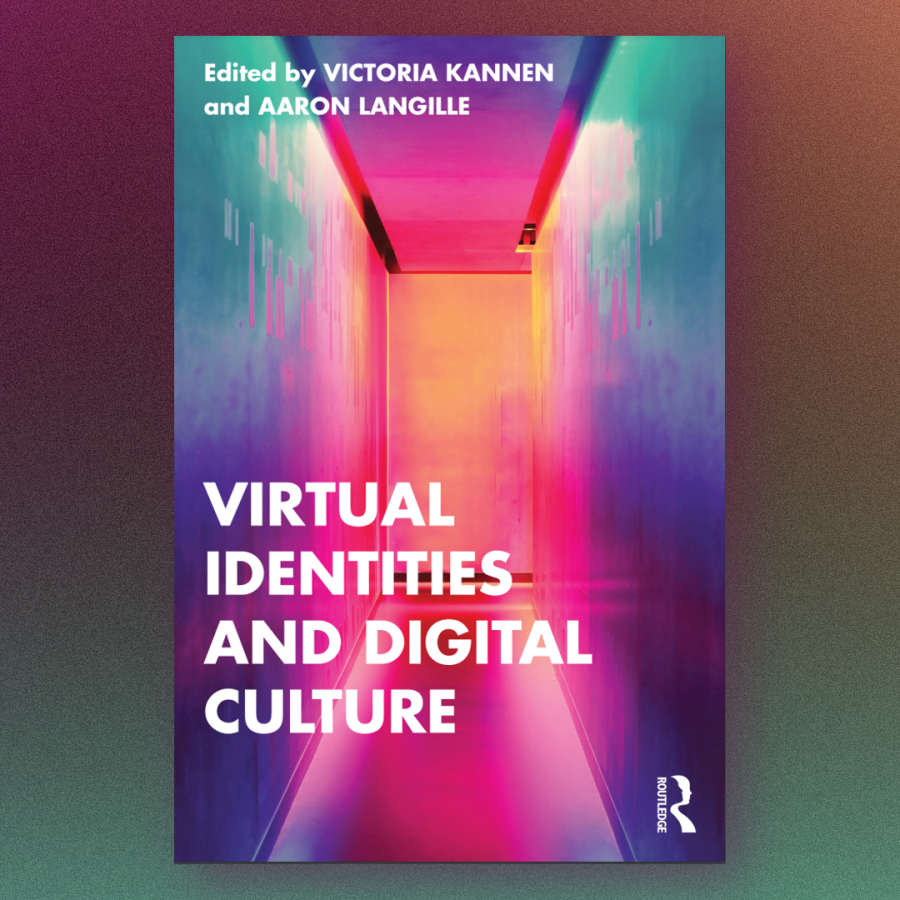A square image featuring a book cover with the title "Virtual Identities and Digital Culture." Around the relatively plain white title text at the bottom-left of the cover is a photo of a hallway fillled with a variety of colours of bright neon light.