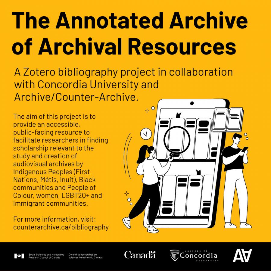 A promotional graphic featuring the title text "The Annotated Archive of Archival Resources." The text is black and the background is yellow. There is a black and white illustration along the bottom-left that shows two people interacting with a giant tablet with its screen depicting a book shelf. There are a number of sponsor logos in black and white at the bottom of the image.