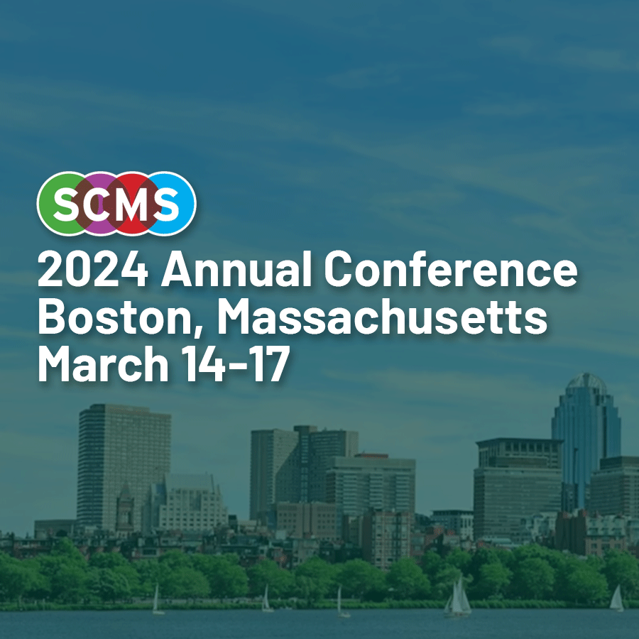 A square promotional image with a photo of the Boston coastline and the text "SCMS 2024 Annual Conference, Boston, Massachusetts, March-14-17" displayed over top.
