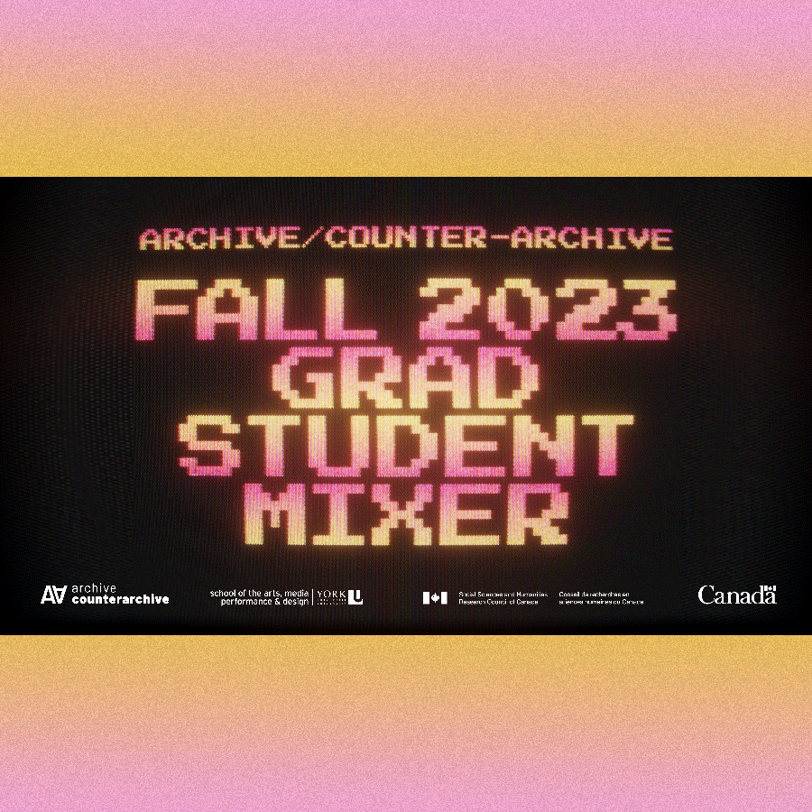 A square promotional image showing the text "Archive/Counter-Archive Fall 2023 Grad student Mixer" in pixelated block font against a black, pink, and orange background.