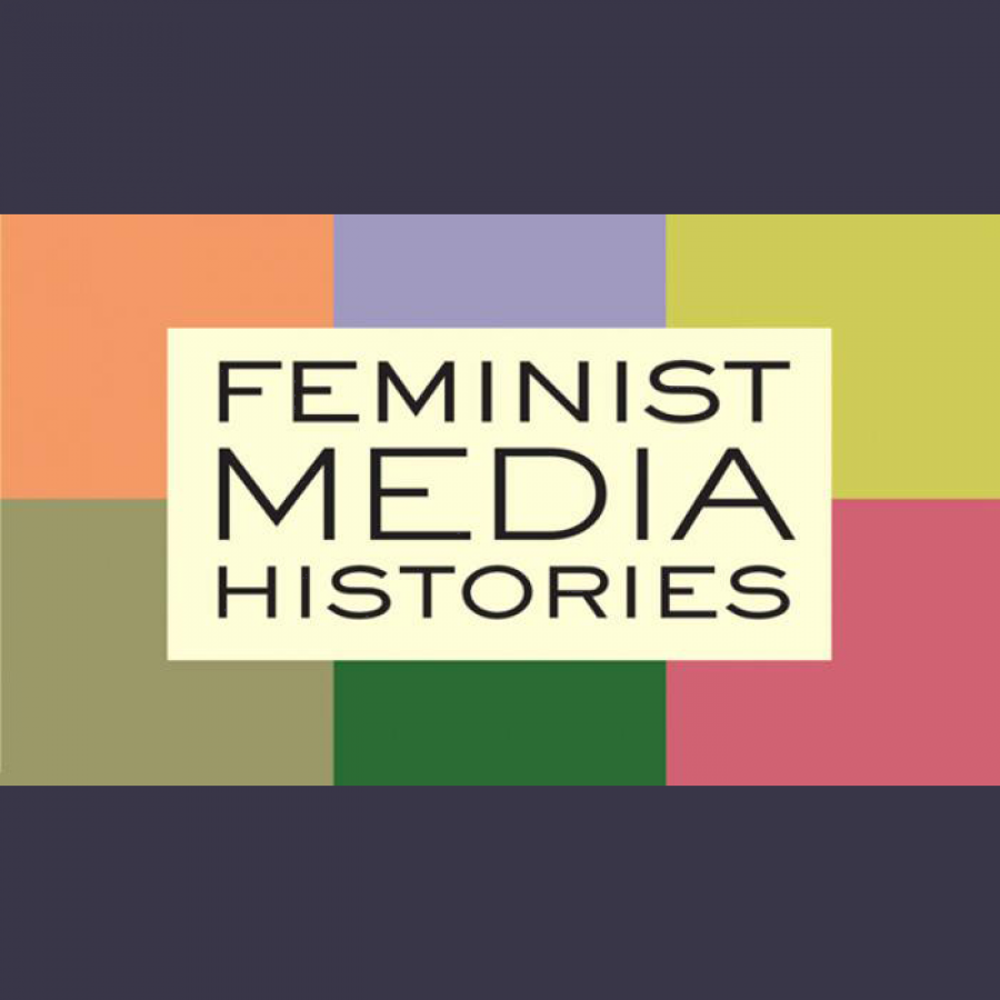A rectangular promotional logo image with the text "Feminist Media Histories" displayed in front of a colourful grid of squares.