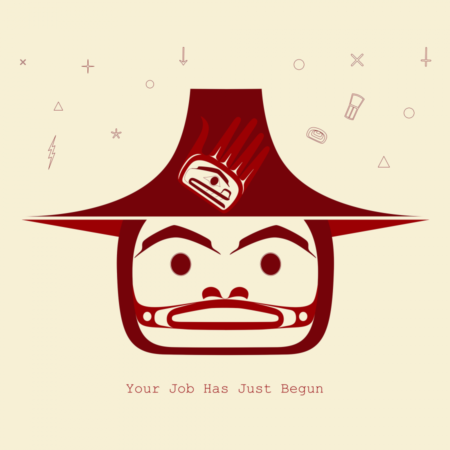 Stylized face with a wide-brimmed hat featuring a handprint design, surrounded by abstract symbols on a beige background. Text below reads, "Your Job Has Just Begun."