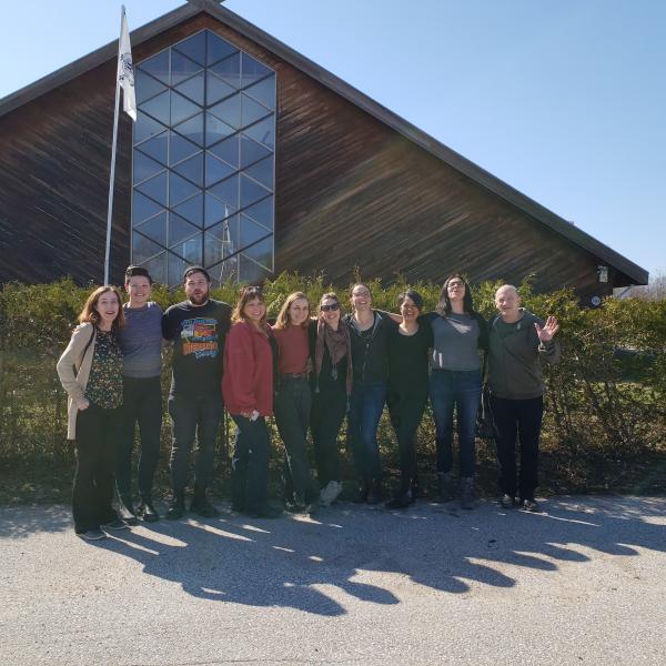 Group photo of Saugeen Takes On Film's Open House participants (L-R): Janine Marchessault (A/CA Project Director), Tamara Lang (Vulnerable Media Lab Manager), Camille Callison (University of Manitoba), Alexander Granger (York MFA Student), Jessica Johnson (York MFA Student), Terra Long, Adrian Kahgee (Co-Artistic Director, Fabulous Festival of Fringe Film);  Debbie Ebanks Schlums, Gail Maurice, Philip Hoffman (York University)