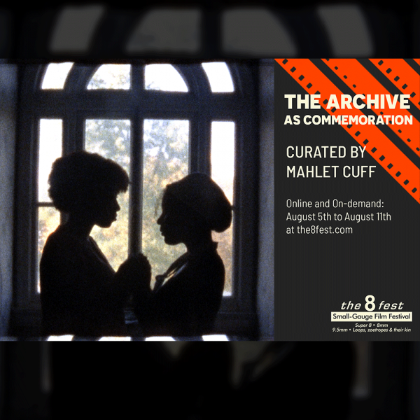 A promotional image with the text "The Archive as Commemoration" in large capital letters on the right hand side and a film still of two people embracing in front of a window sill.