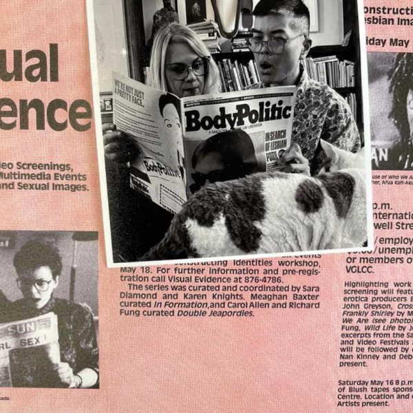 A visual collage of black and white photographs of people looking at newspapers. Behind the photographs is a pink background with a halftone texture and textual information related to a variety of film screenings, artist talks, and exhibitions.