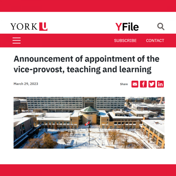 A screenshot from a website called Yfile with an article shown called "Announcement of appointment of the vice-provost, teaching and learning."