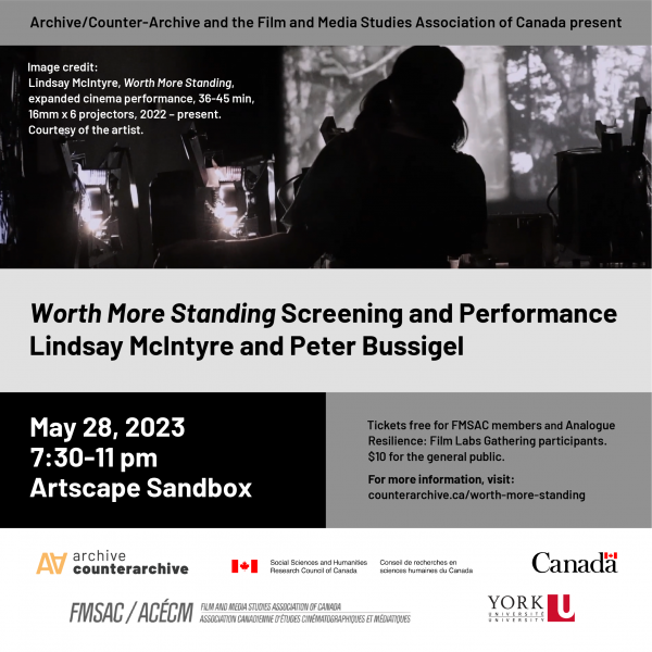 A square promotional image featuring the text "Worth More Standing Screening and Performance - Lindsay McIntyre and Peter Bussigel." There is also a photo in the top half of the image of a silhouetted person operating an analog projector.