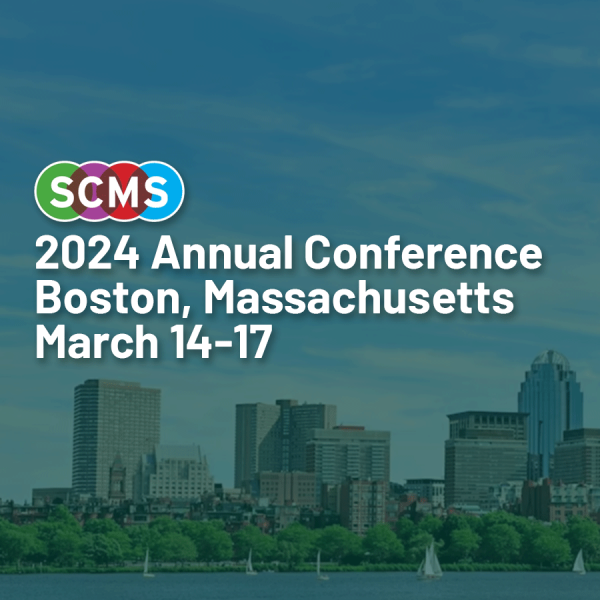 A square promotional image with a photo of the Boston coastline and the text "SCMS 2024 Annual Conference, Boston, Massachusetts, March-14-17" displayed over top.
