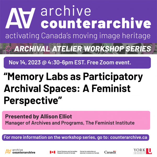 A square promotional graphic with a bunch of text set against a variety of pink and purple rounded rectangles. The main portion of the text reads "Nov 14, 2023 @ 4:30-6pm EST. Free Zoom event. "Memory Labs as Participatory Archival Spaces: A Feminist Perspective."