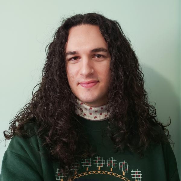 A photograph of a person with long dark hair who is standing in front of a pale green interior wall. They are wearing a dark green sweater with a winter holiday illustration printed on it.