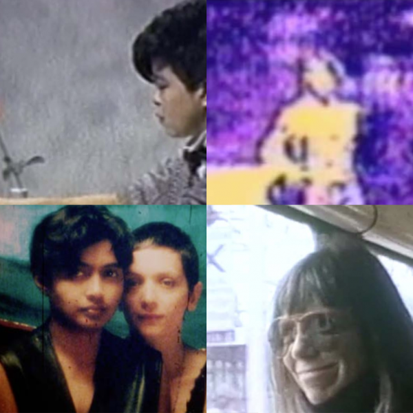 A grid of cropped film stills. On the top-left is a woman sitting at table with a rose. The top-right is a blurry purple and yellow image of a person. The bottom-left is a blurry image of two women sitting close to one another. The bottom-right is a blurry image of a smiling woman looking out a window.