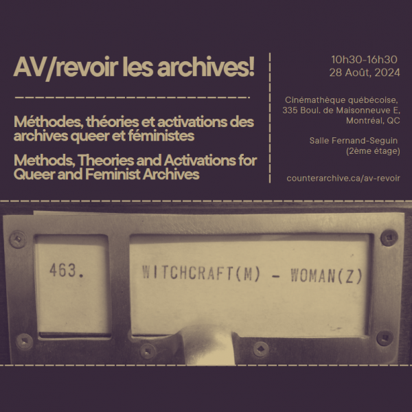 A square promotional image showing a close up duo-tone photo of an archival label with the words 'Witchcraft (W) - Woman (Z)" shown. Above the photo is a lot of small text promoting an upcoming feminist and queer archival symposium.