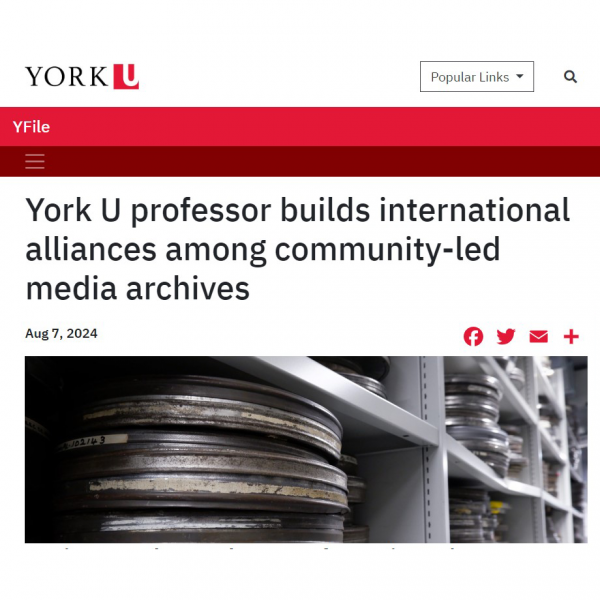 A square screenshot of a white, red, and black blog page with the headline "York U professor builds international alliances among community-lef media archives."