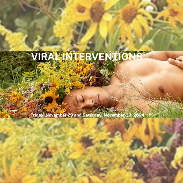 viral interventions still from film, man lying in grass, head crowned in yellow flowers