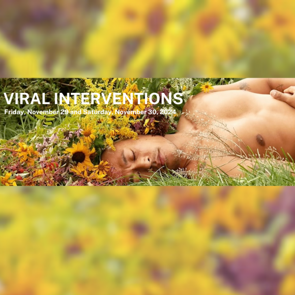 VI poster image, in it, man, naked torso, in repose, on grass, with flowers @ head