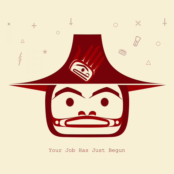 Stylized face with a wide-brimmed hat featuring a handprint design, surrounded by abstract symbols on a beige background. Text below reads, "Your Job Has Just Begun."