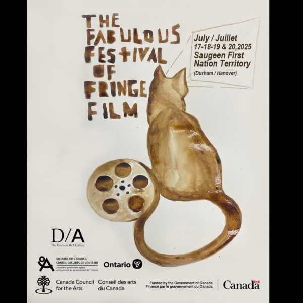 A FFFF 2025 poster with sepia illustration of cat and film reel