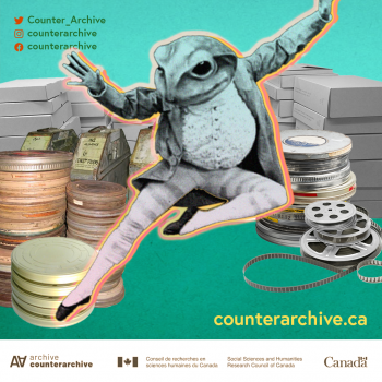 Turquoise background with an archival image of a frog in tights and a suit jacket pointing his toes and arms in the air. Behind are film reels and boxes.